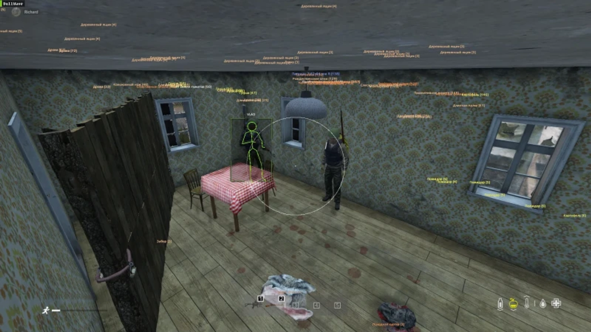 Dayz in-game ESP overlay after load with player skeleton and loot labels