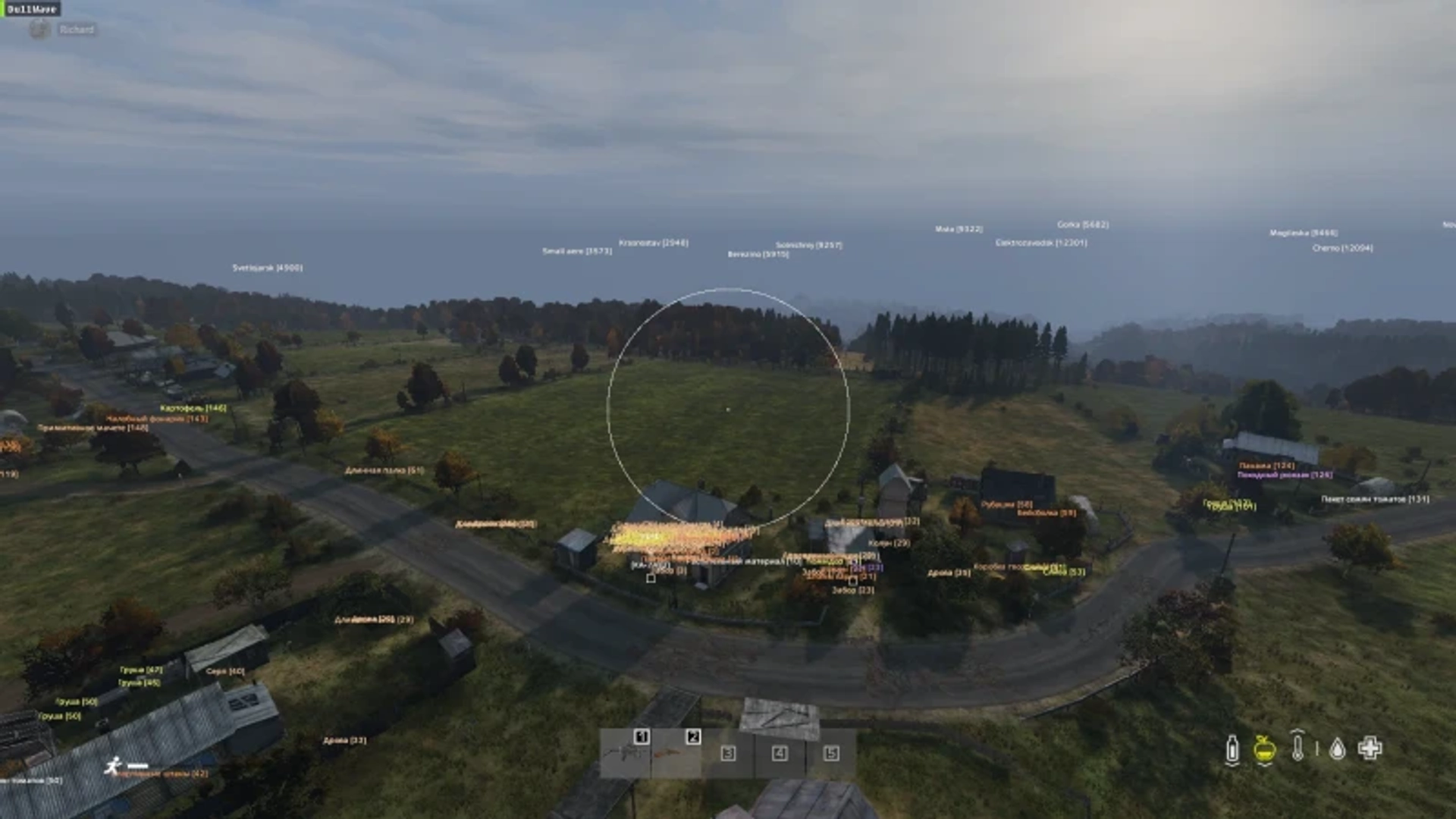 Dayz item ESP screenshot with loot labels and distance markers over a village