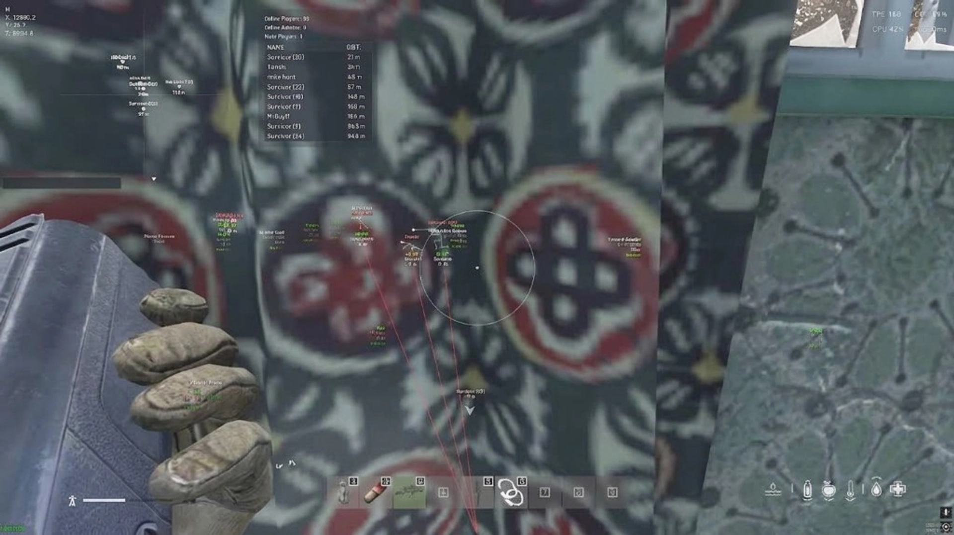 Dayz player list overlay with nearby survivor distances indoors